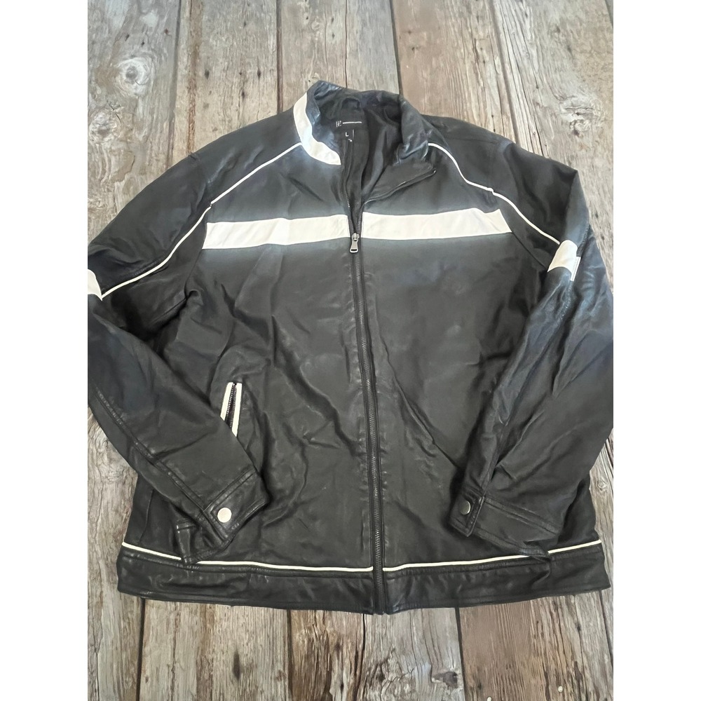INC International Concepts Mens Black White Faux Leather Racing Moto Jacket L